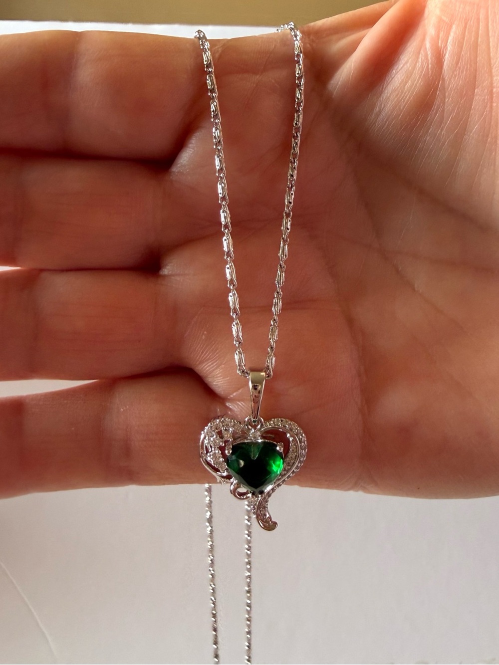 Silver-Plated Heart Necklace with Green Crystal Accent